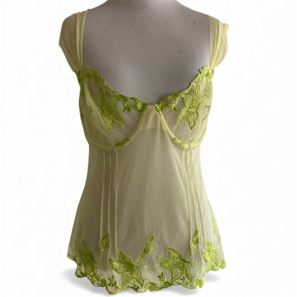 Y2K Victoria's Secret Cream Chemise Green Embroidery 38D Babydoll Butterfly